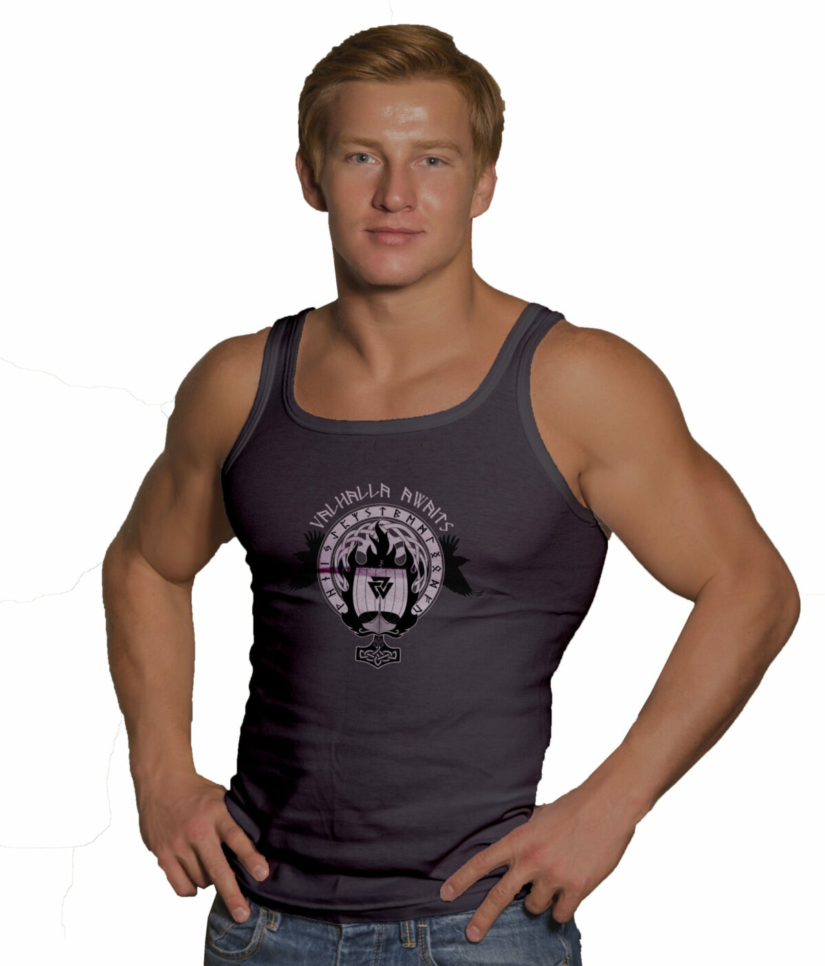 -	Man is wearing a Tank top with wide back with Valhalla awaits design on front