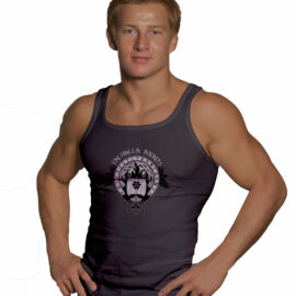 -	Man is wearing a Tank top with wide back with Valhalla awaits design on front